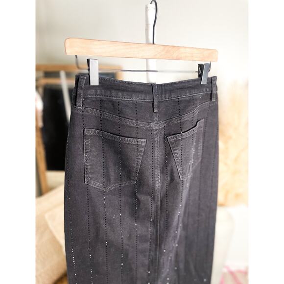Loft Black Denim Midi Skirt Size 0 Sparkle Pinstripe Holiday Party - Picture 8 of 11